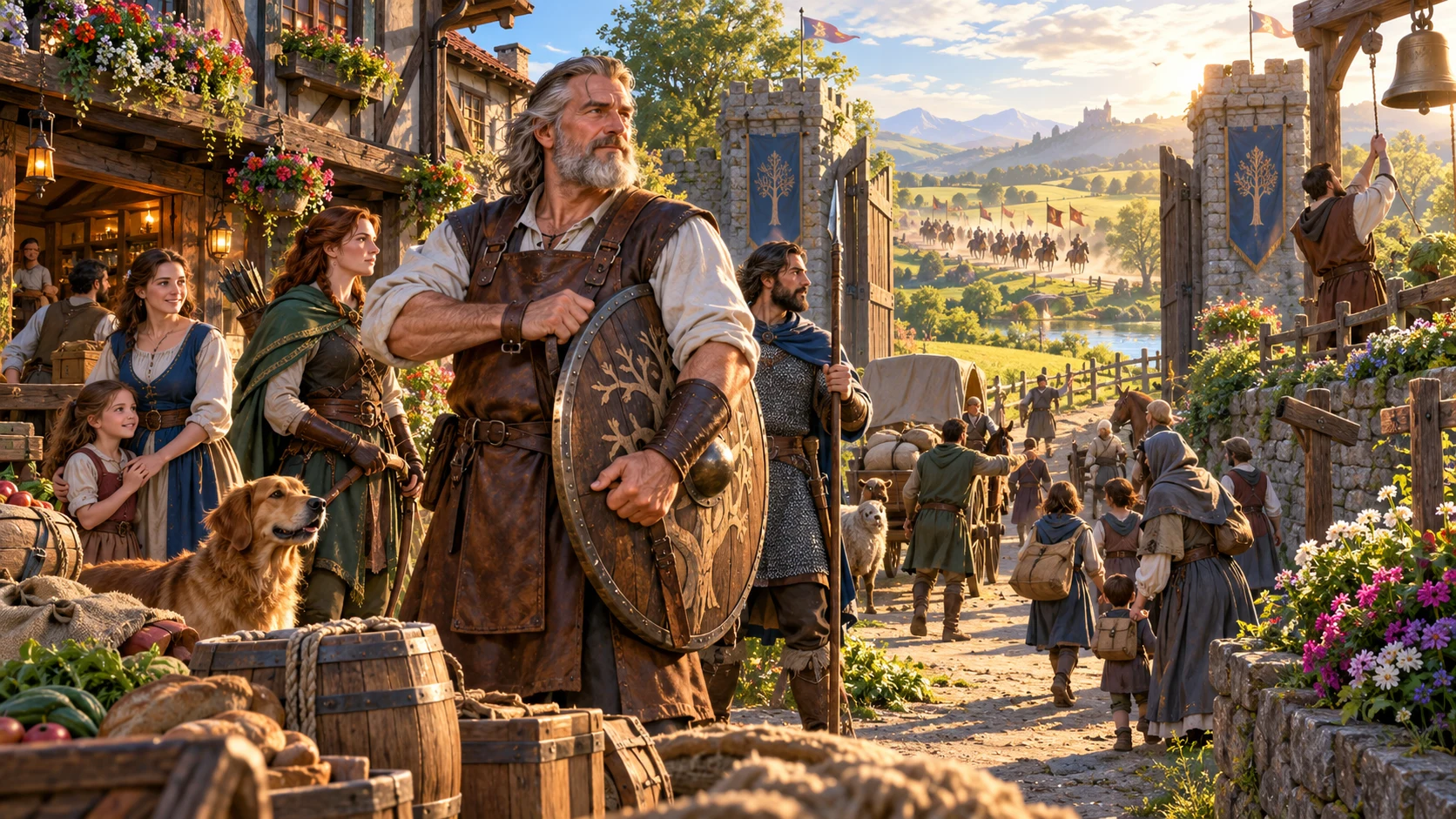 Illustrated village gate and open character choices